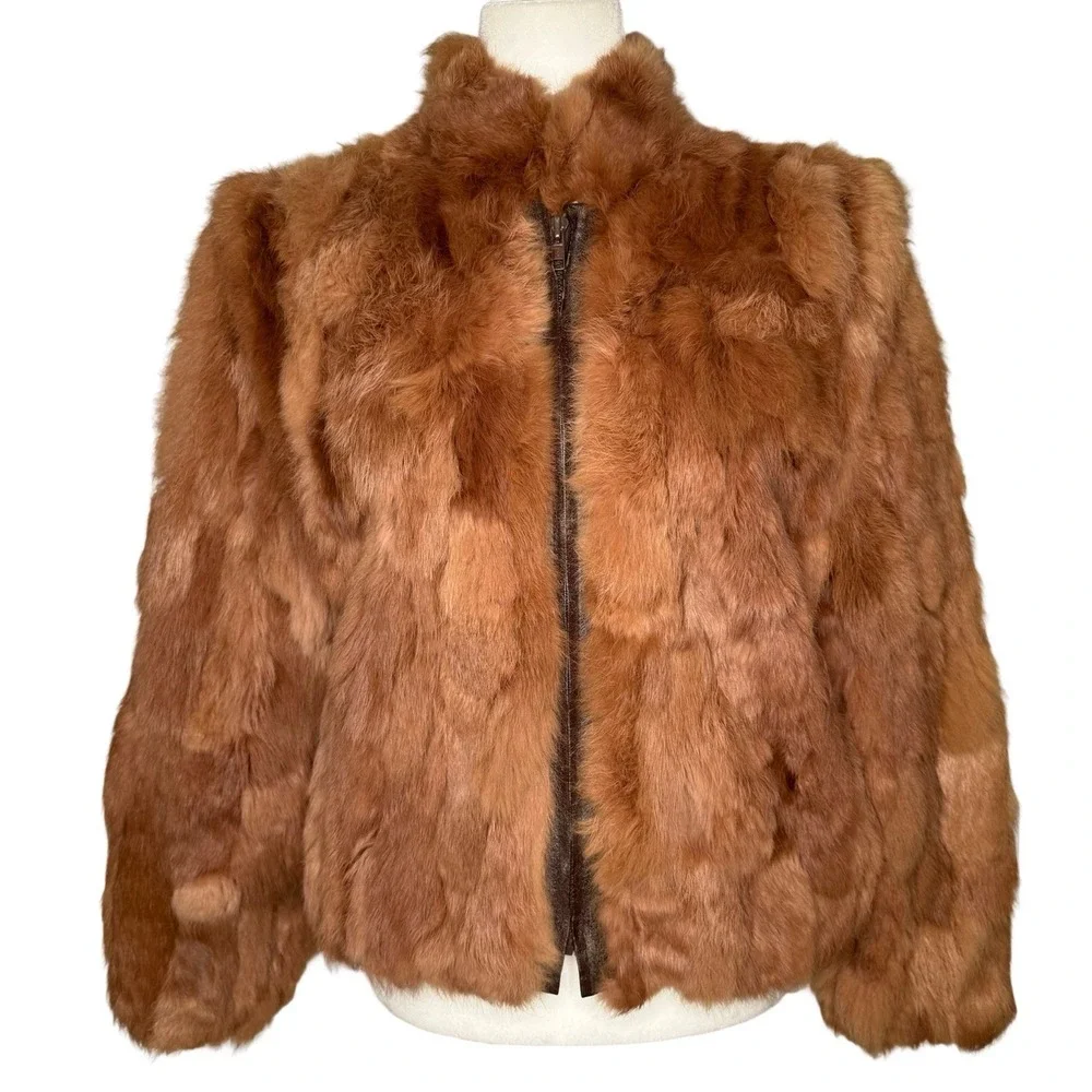 Vintage Genuine Rabbit Fur Coat Jacket Small Made In Korea Variegated RN66109